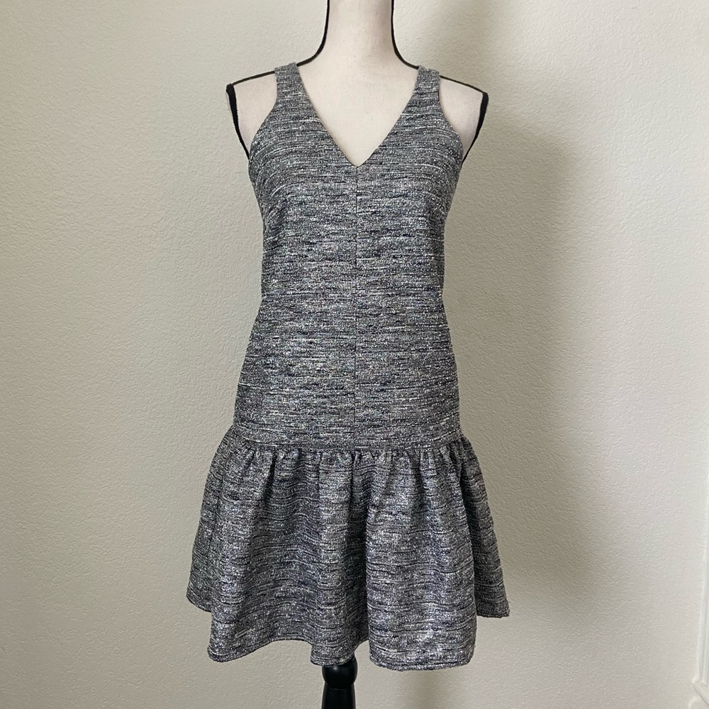 Hunter Bell Lilla Metallic Tweed Drop Waist Mini Dress Sleeveless Ruffle, Size 2
